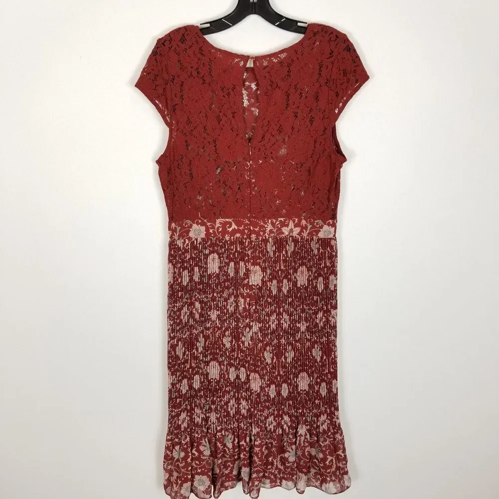Anthropologie Tracy Reese Women Lace Pleated Midi Dress Size 10 Maroon Cap Sleev